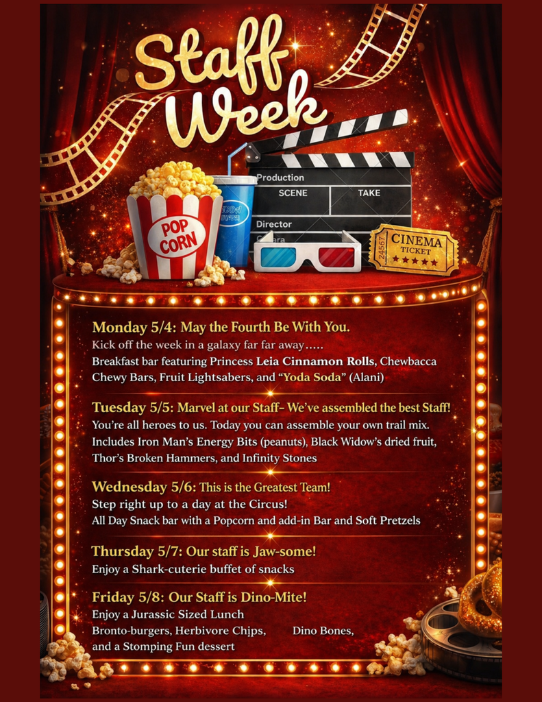 A poster advertises "Staff Week" with a film clapperboard, popcorn, and a red theater curtain. A schedule for events is below.