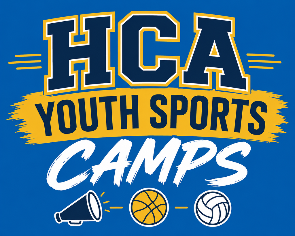 A blue background displays the logo for HCA Youth Sports Camps, featuring sports icons like a megaphone, basketball, and volleyball.