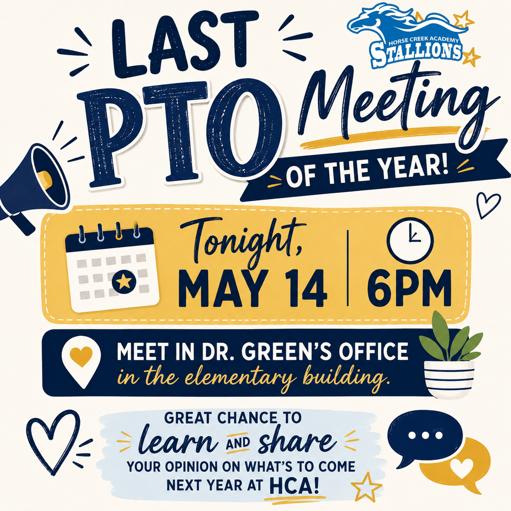 Flyer for the final PTO meeting of the year. It is on May 14 at 6 PM in Dr. Green's office.