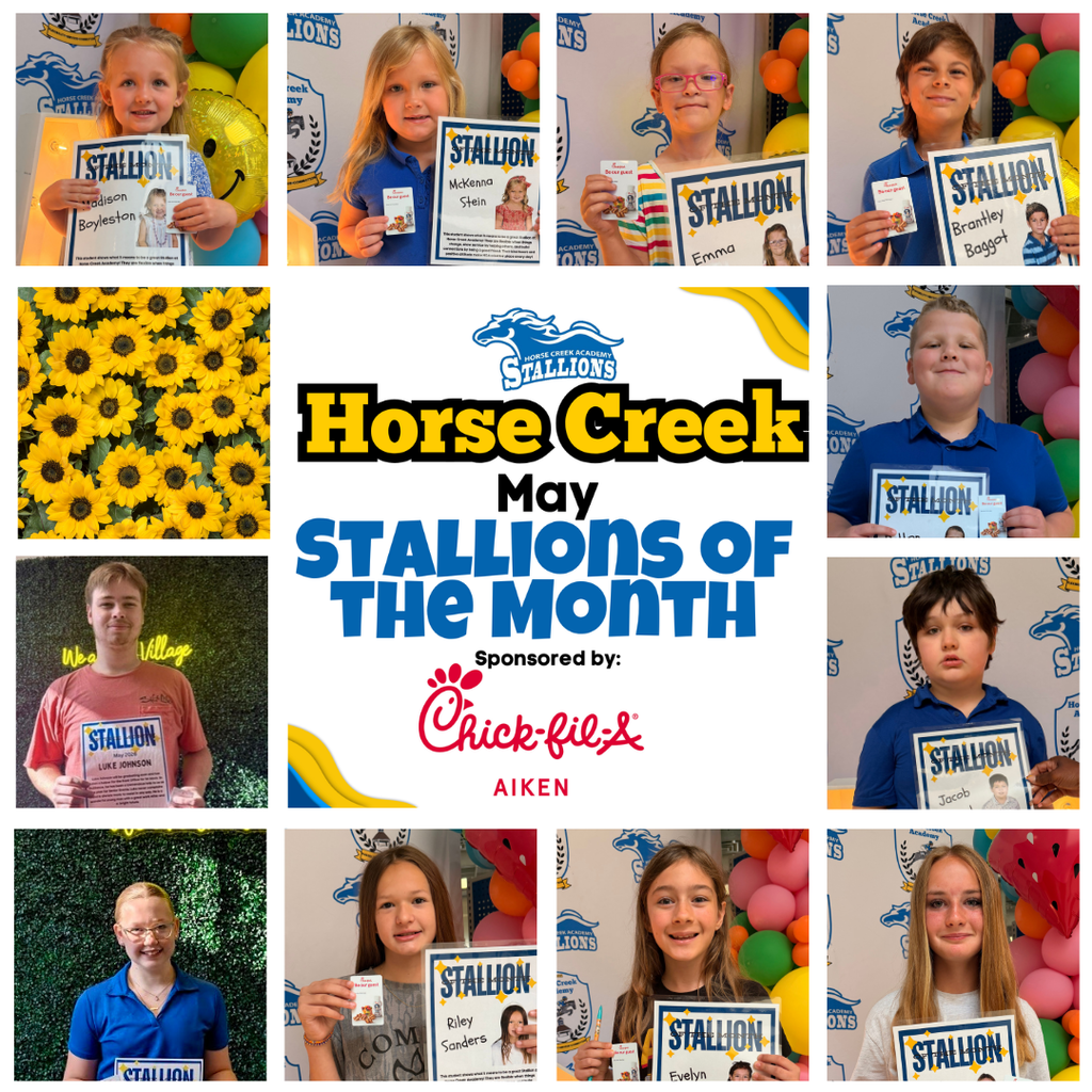 Collage of children holding certificates, sunflowers, balloons, and text "Horse Creek May Stallions of the Month" with sponsor logo.