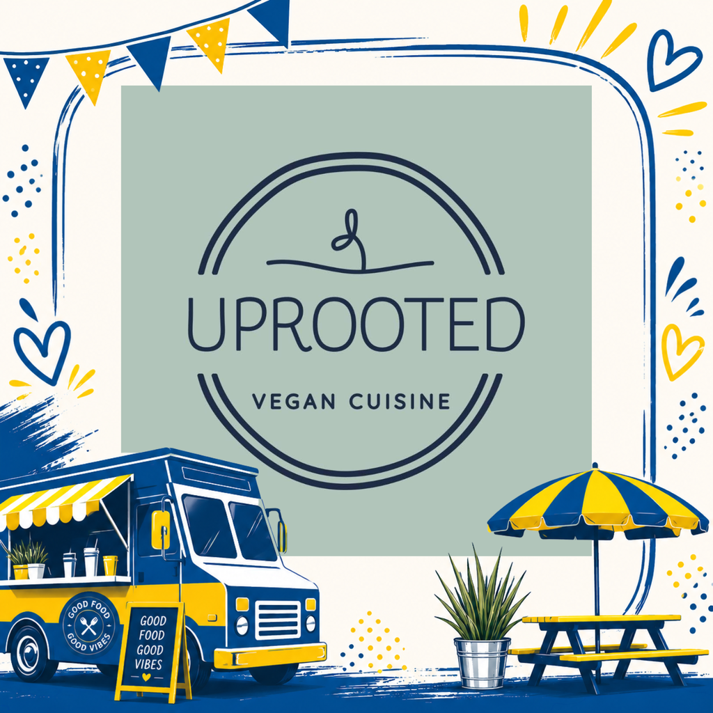 An illustration of a food truck, a bench, and an umbrella with the Uprooted Vegan Cuisine logo.