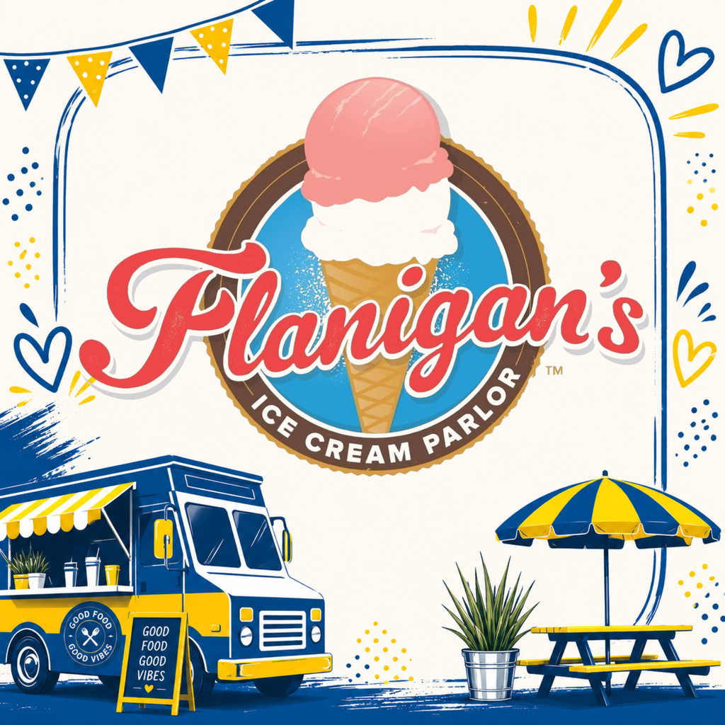 An ice cream truck with a strawberry scoop sits under the name "Flannigan's Ice Cream Parlor" with flags and hearts.