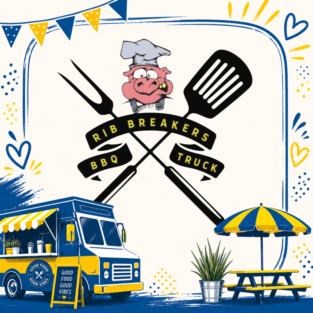 A blue and yellow food truck with a pig chef and crossed barbecue tools. A blue and yellow umbrella is behind the truck.