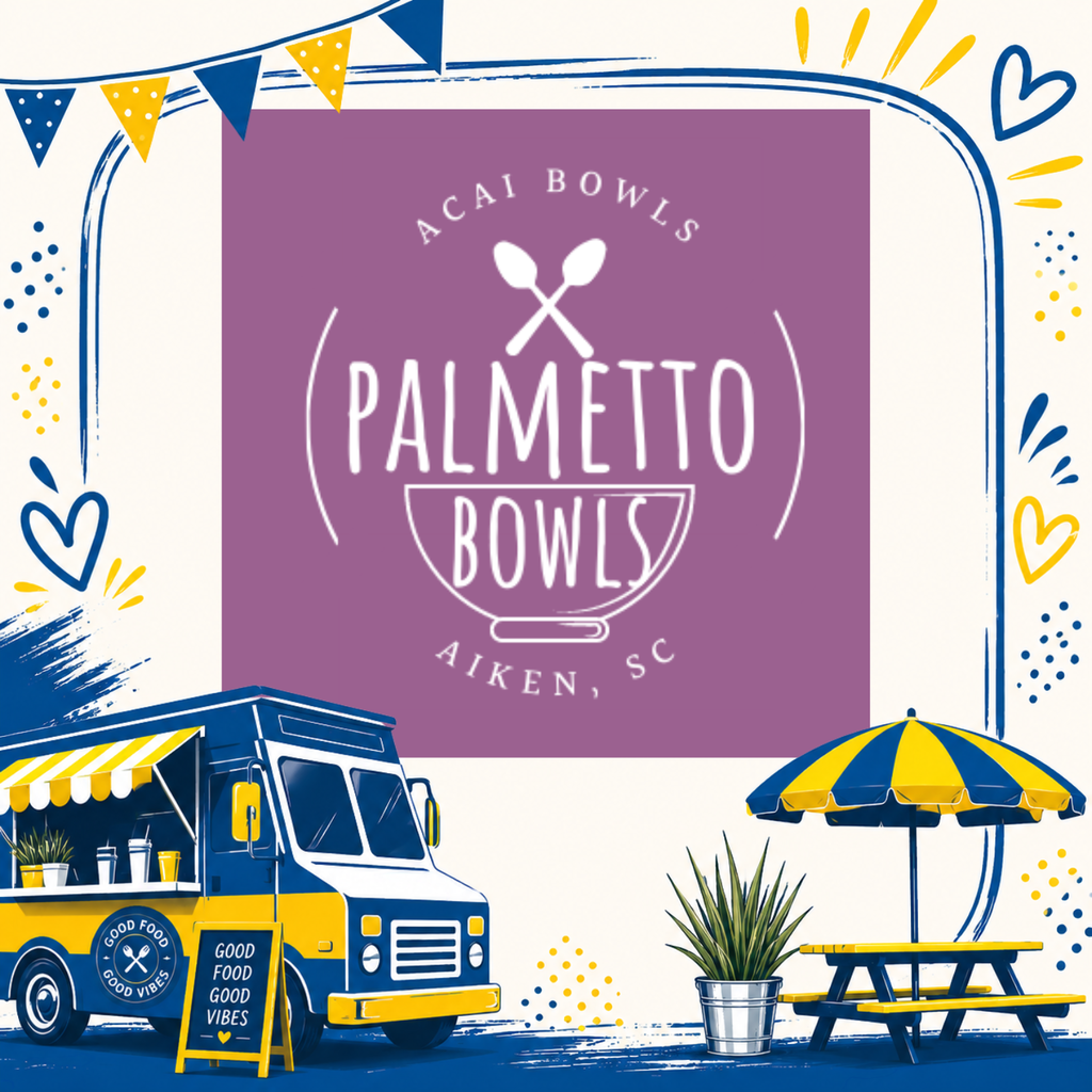 An advertisement for Palmetto Bowls with an ice cream truck, umbrella, picnic table, and a logo.