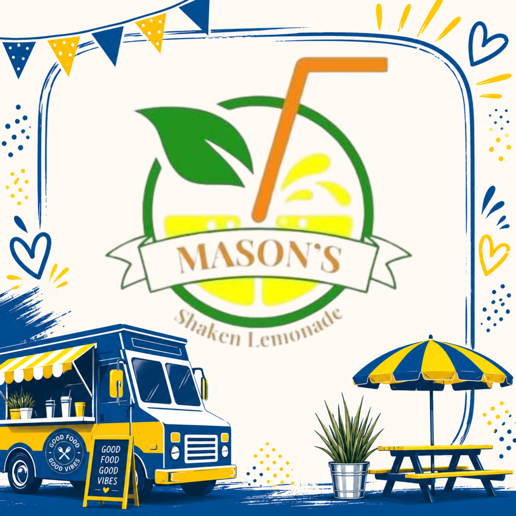 A lemonade truck displays the "Mason's Shaken Lemonade" logo. A blue-yellow umbrella and a bench are nearby.