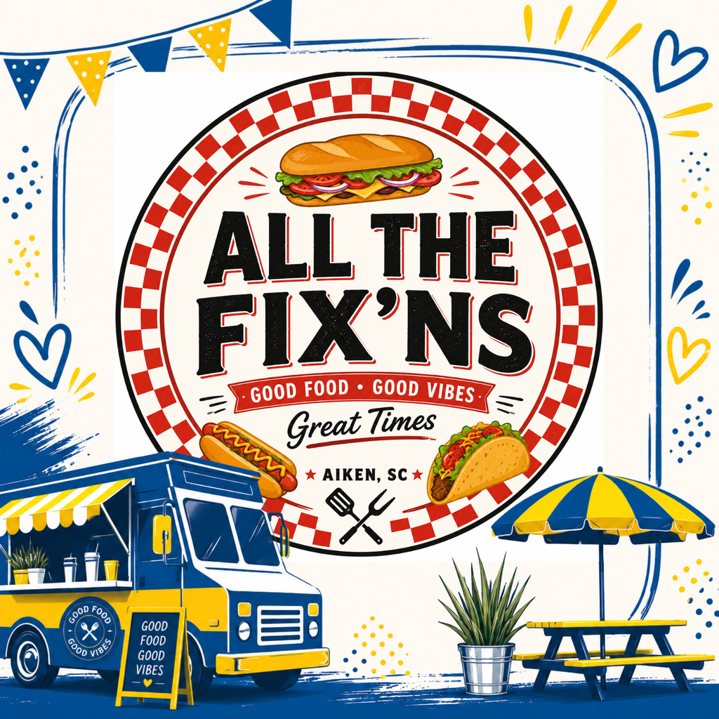 Illustration of a food truck selling hot dogs and tacos with a menu label reading "All the Fix'ns".