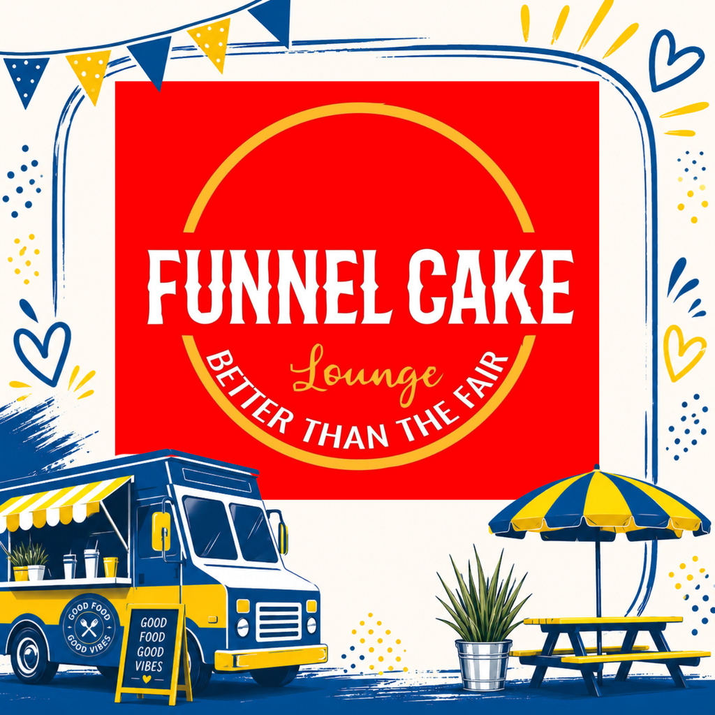 Red sign with white text "FUNNEL CAKE" and yellow circle. Below it reads "Better Than The Fair" with a logo. A food truck with a yellow awning and potted plant. A table, bench, and umbrella.