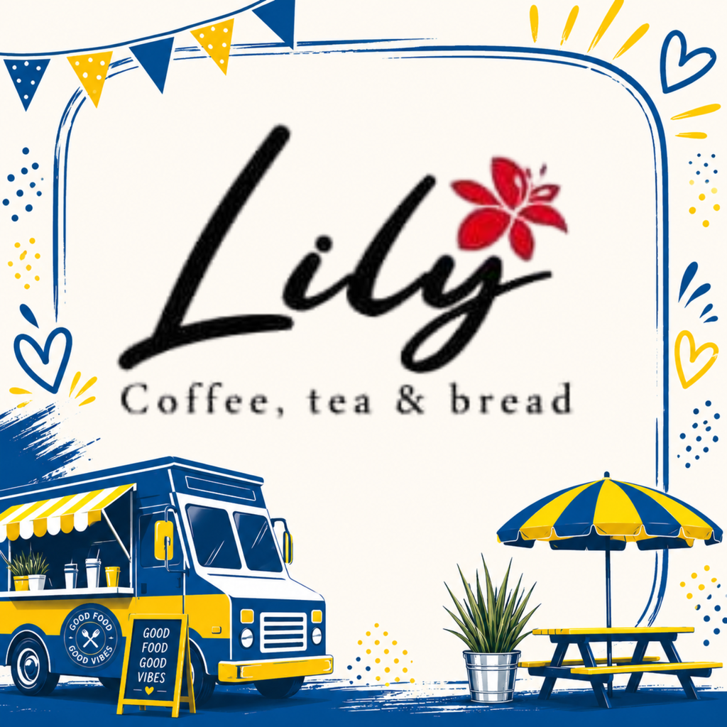 Logo of a food truck named Lily, with a red flower, and a picnic table with a plant.