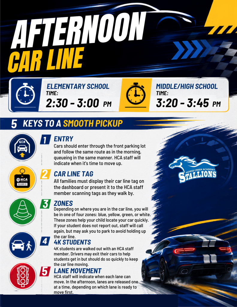 Poster with "Afternoon Car Line" header. Two time blocks for elementary and middle/high school. 5 keys to a smooth pickup. Blue and yellow car.