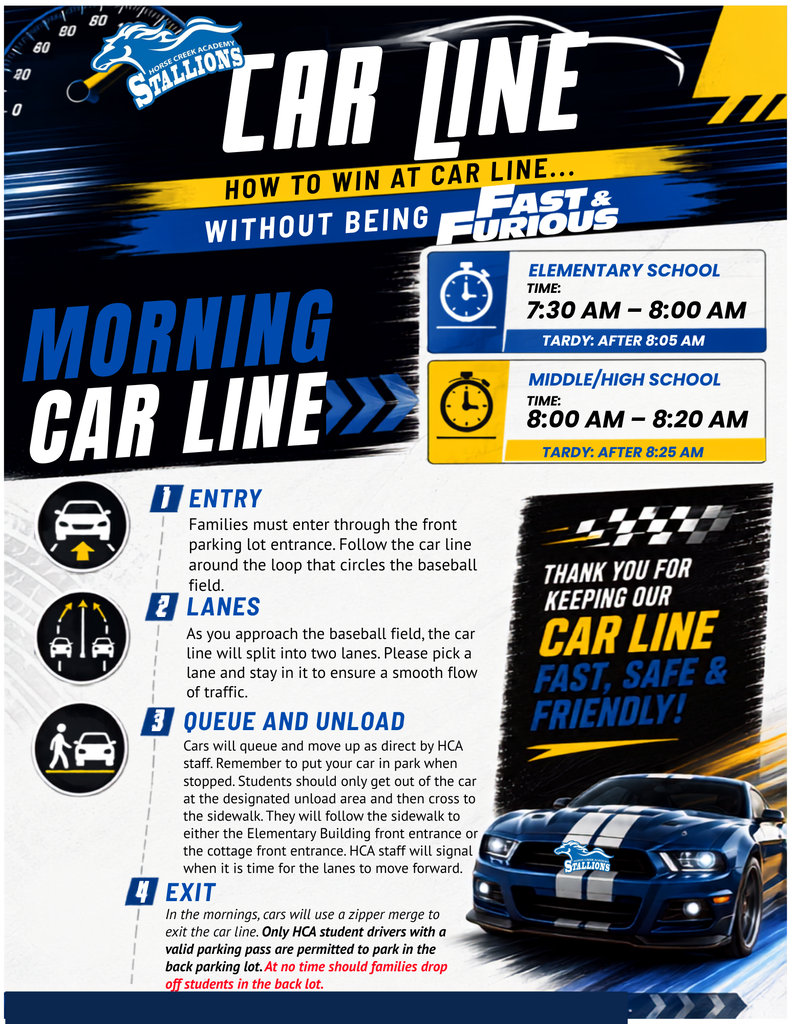 A flyer details morning car line procedures for elementary and middle/high schools. It features cars, a map, and instructions for families.