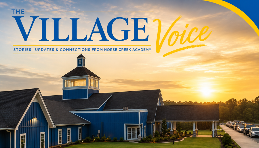 Blue building with a tower and a sunset in the background. The Village Voice is displayed in yellow.