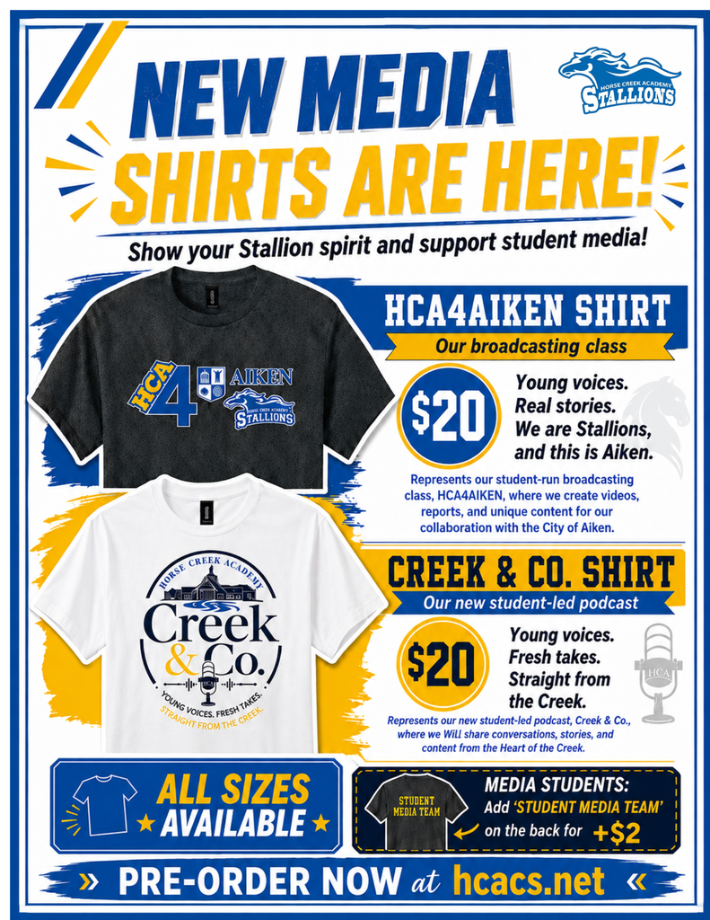 A poster promoting student media shirts. It shows two T-shirts, one black with HC4Aiken text and the other white with Creek & Co. text. Prices are $20 each.