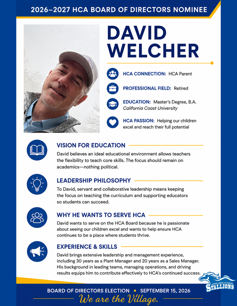 A poster showing a man, David Welcher, with a cap, and text about his nomination and vision for education.