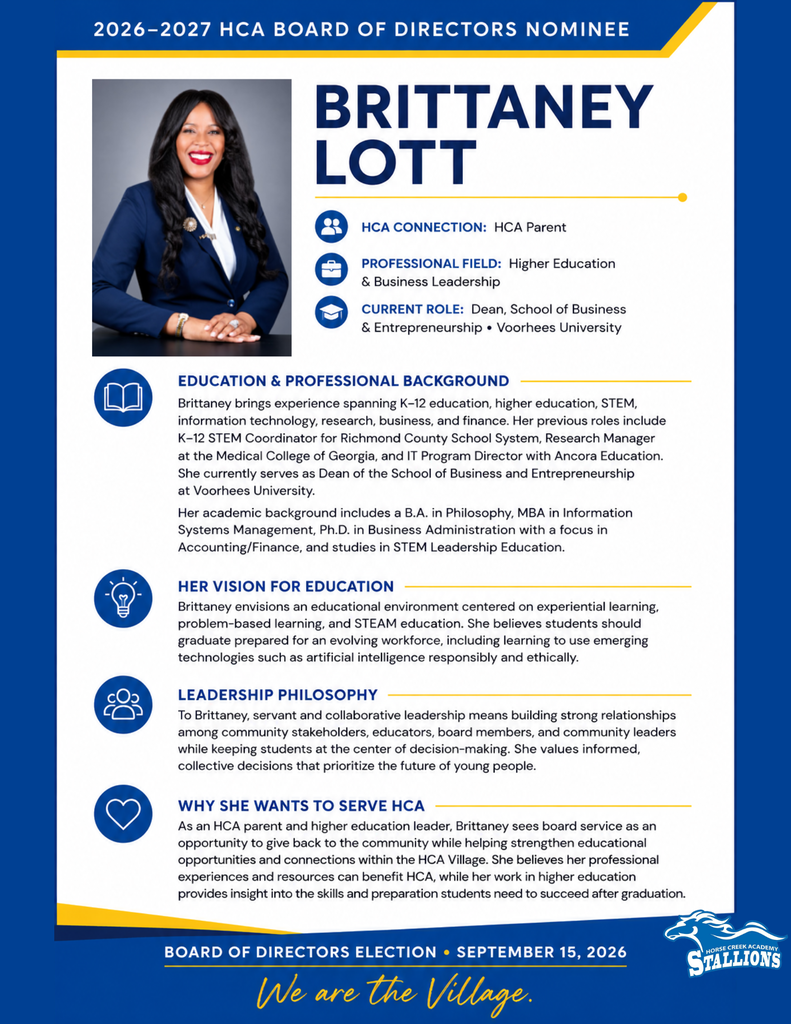Blue and white page with title "2024-2025 HCA BOARD OF DIRECTORS NOMINEE" and "Brittaney Lott". Features photo, education, leadership, and vision.