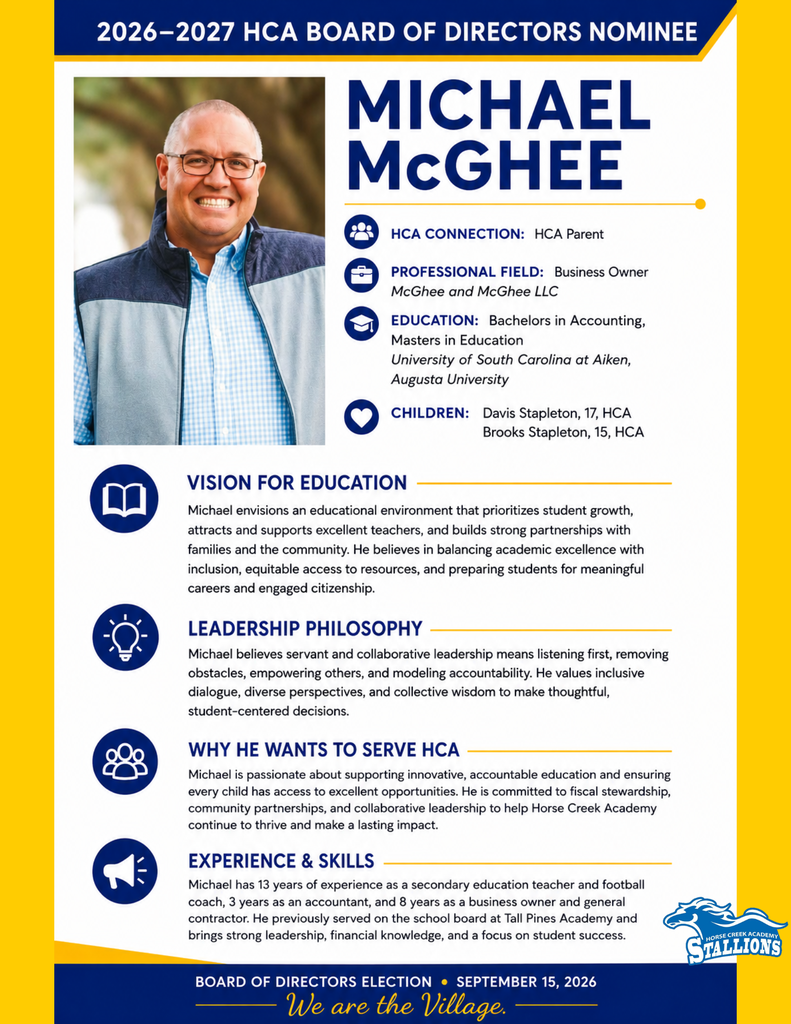 A poster with a photo of a man. His name is Michael McGhee. Information about his professional background, leadership philosophy, and vision for education.