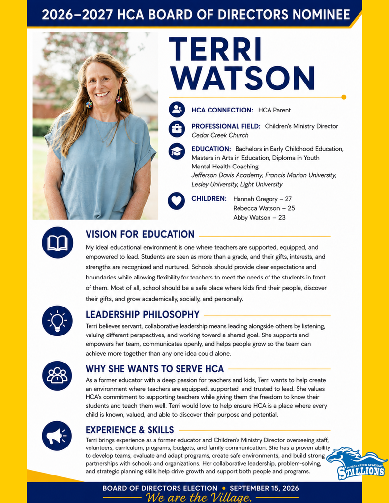 White background with yellow border. A woman in a blue shirt is pictured. Text reads "2026-2027 HCA Board of Directors Nominee: Terri Watson" and includes details of her education, experience, and vision.