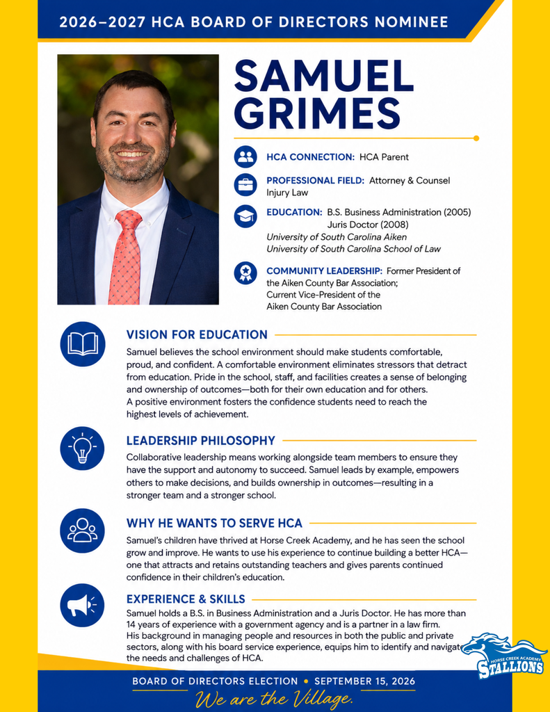 A yellow and white page with Samuel Grimes' photo in a suit and red tie. Sections include professional field, education, and vision for school.