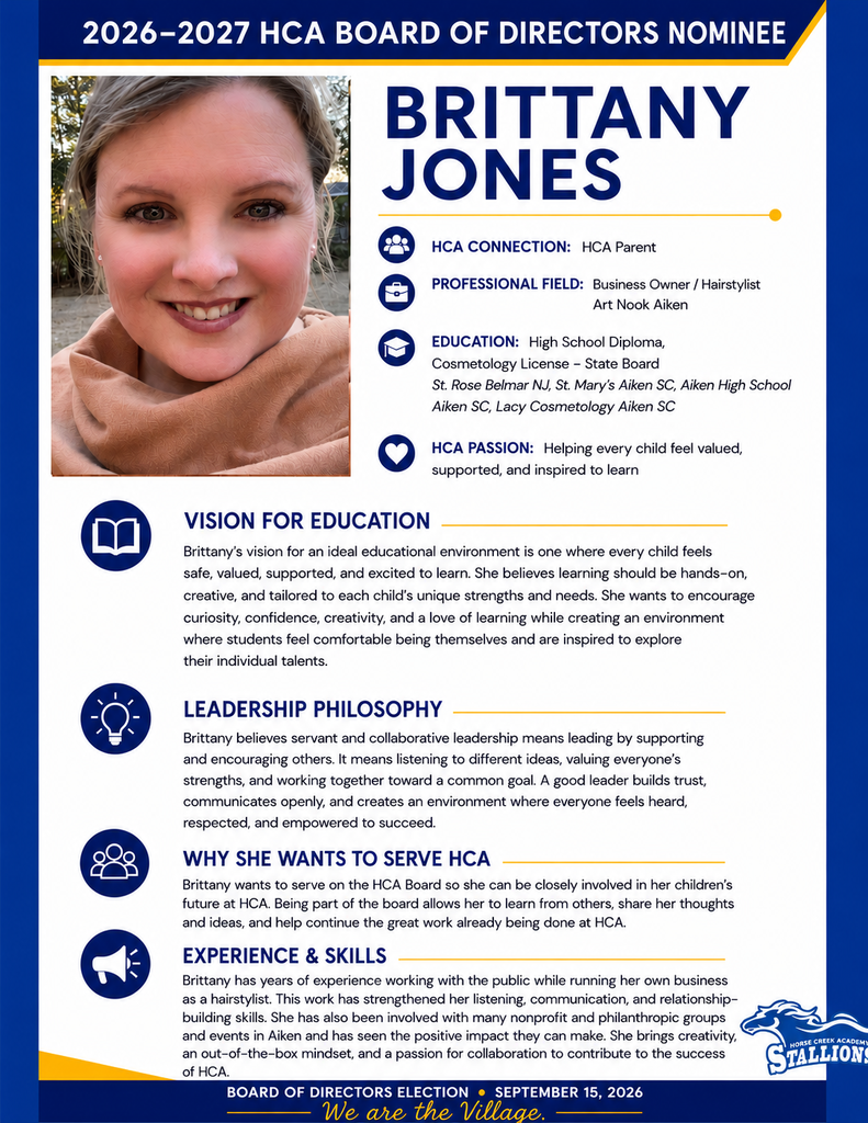 A poster for the 2026-2027 HCAA Board of Directors featuring Brittany Jones. The poster includes her photo, educational background, professional experience, and vision for education.