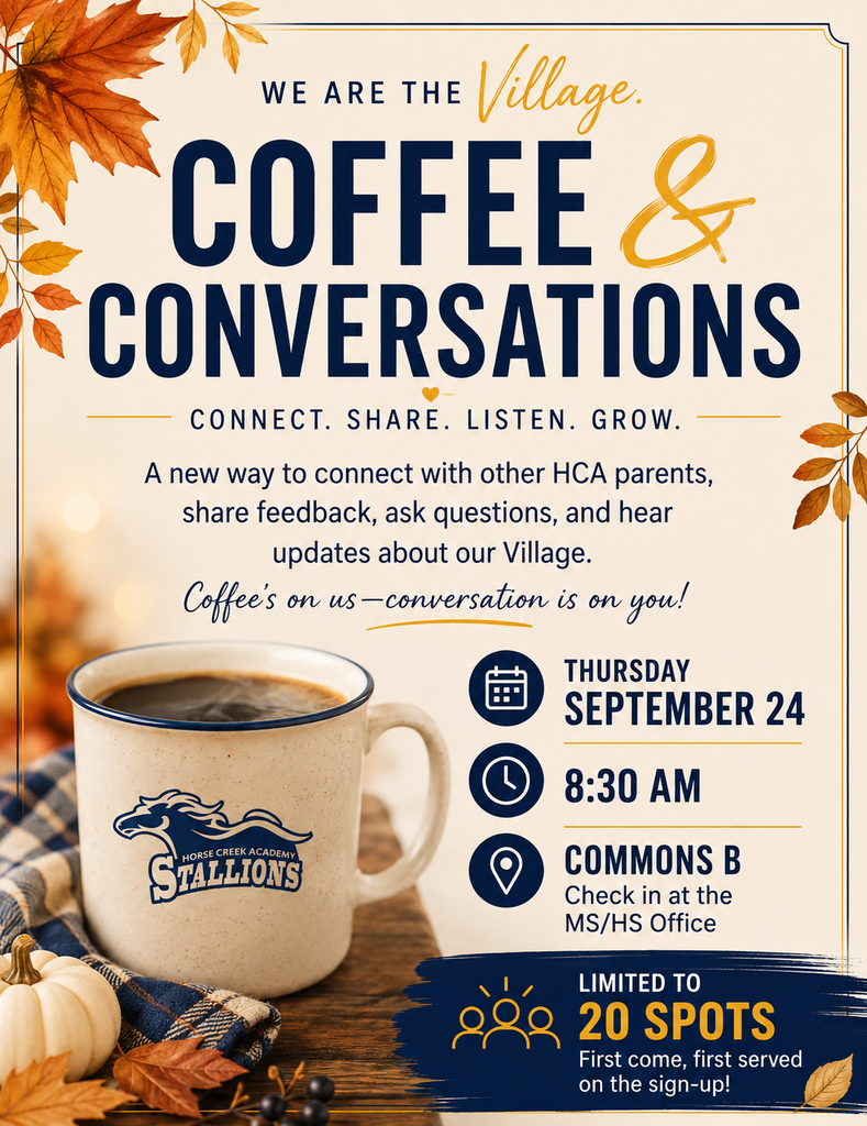 An invitation for "Coffee & Conversations" shows a coffee cup, pumpkin, leaves, and autumn colors on a wooden table.