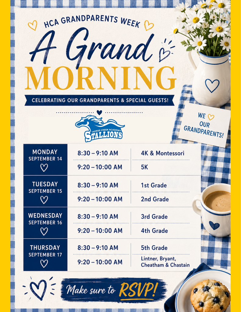 Poster with blue and white gingham pattern, featuring the text "A Grand Morning." It lists daily schedules and grades, with a vase of daisies, coffee cup, and muffin.