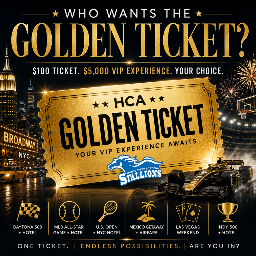 An ad featuring a gold ticket labeled "Golden Ticket" with various event icons. Background includes cityscape and fireworks.