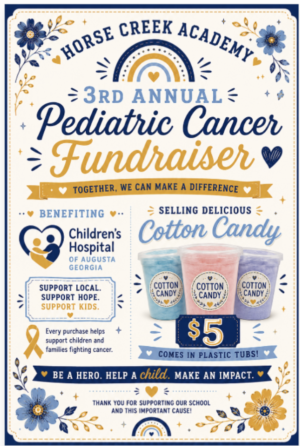 An event poster for Horse Creek Academy's 3rd Annual Pediatric Cancer Fundraiser, featuring cotton candy for sale, with text and floral patterns.