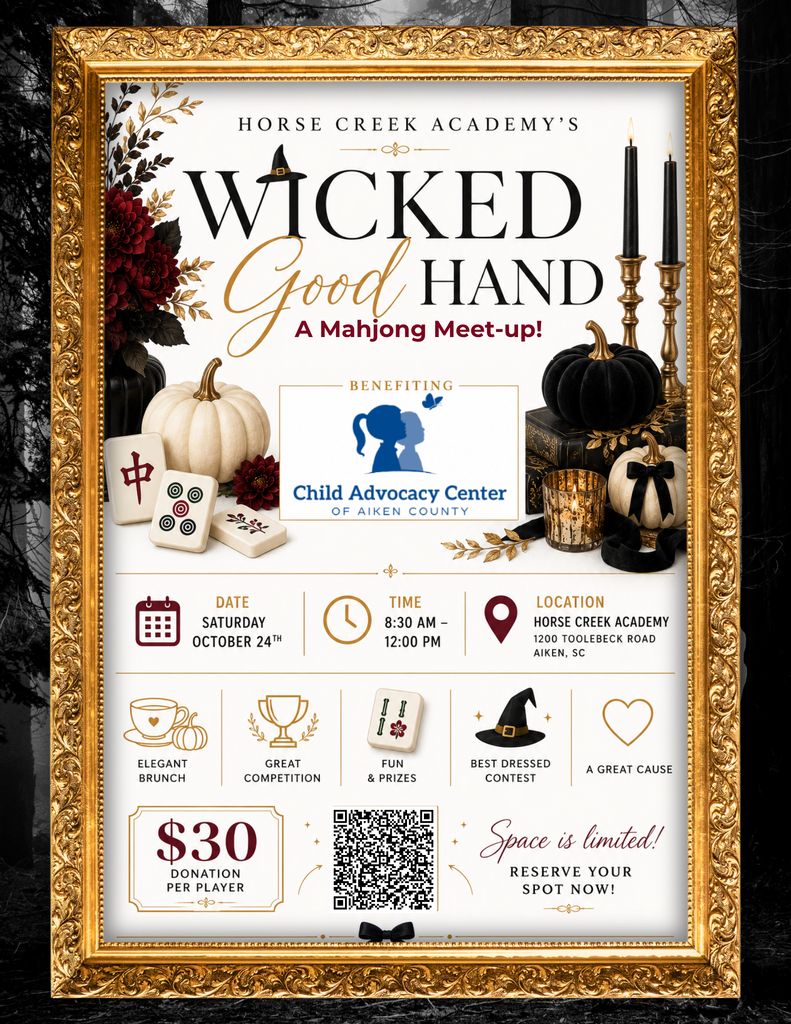 A Halloween-themed flyer for Wicked Good Hand at Horse Creek Academy. The design features pumpkins, candles, and a witch hat. Information includes date, time, location, and donation amount.