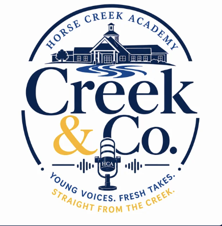 A logo for Horse Creek Academy with a blue circular design. It includes a microphone, a building, and a flowing river.