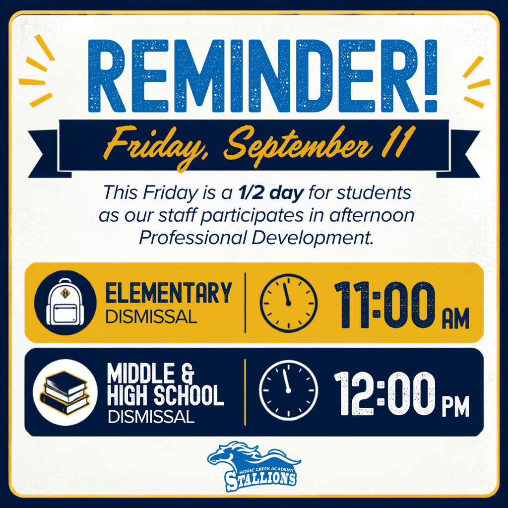 Notice with blue and yellow background displays "REMINDER!" and blue ribbon. Below states half day on Fri, Sept 11.