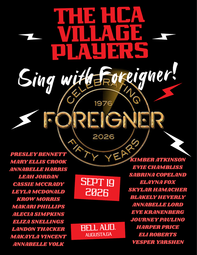 A poster announces "The HCA Village Players" event celebrating "Foreigner"'s 50th anniversary. Names of participants are listed, including Presley Bennett and Kimberly Atkinson.