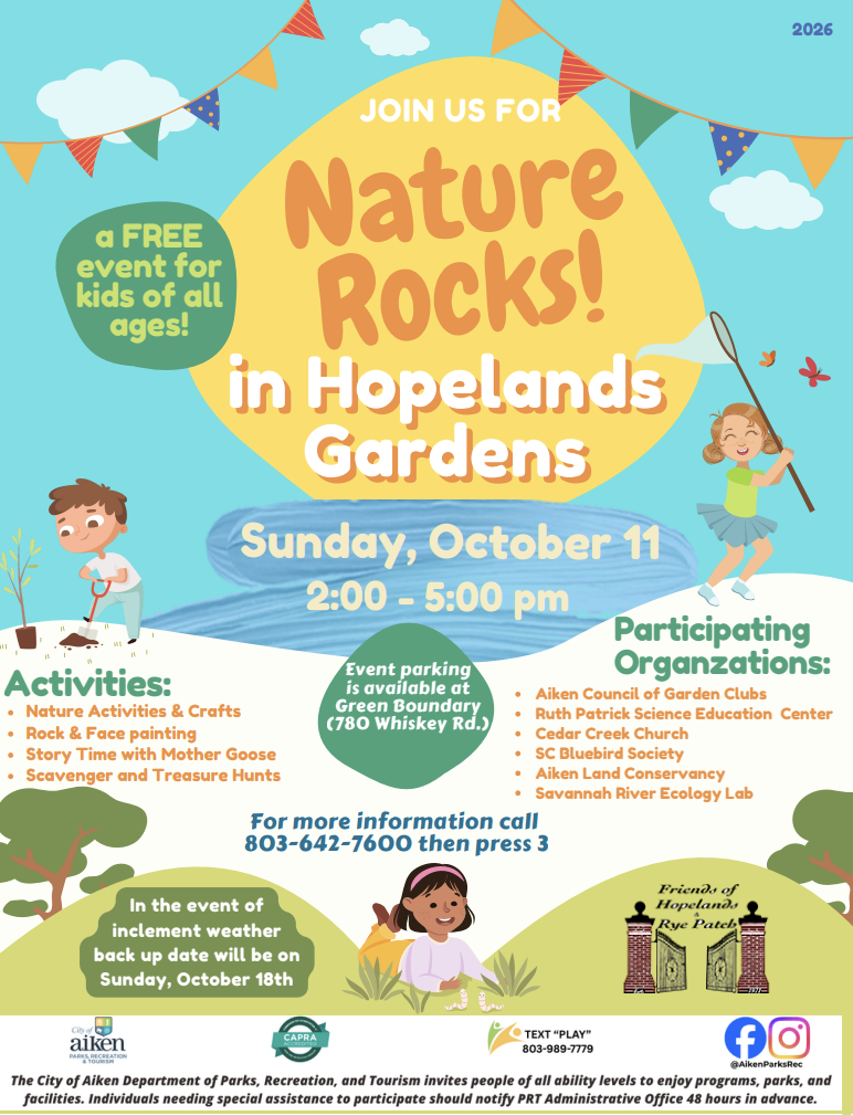 Bright poster invites attendees to a free Nature Rocks event at Hopelands Gardens on October 11.