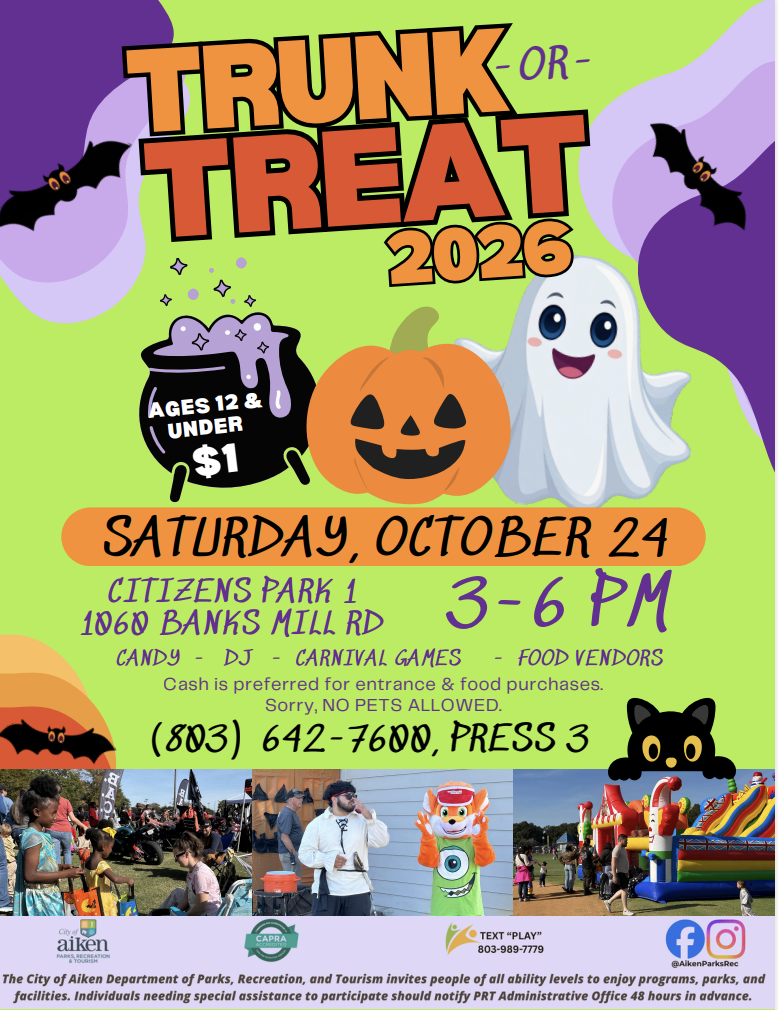 An event poster for "Trunk or Treat 2026" with a white ghost, pumpkin, and witch hat. Details include date, time, and location.