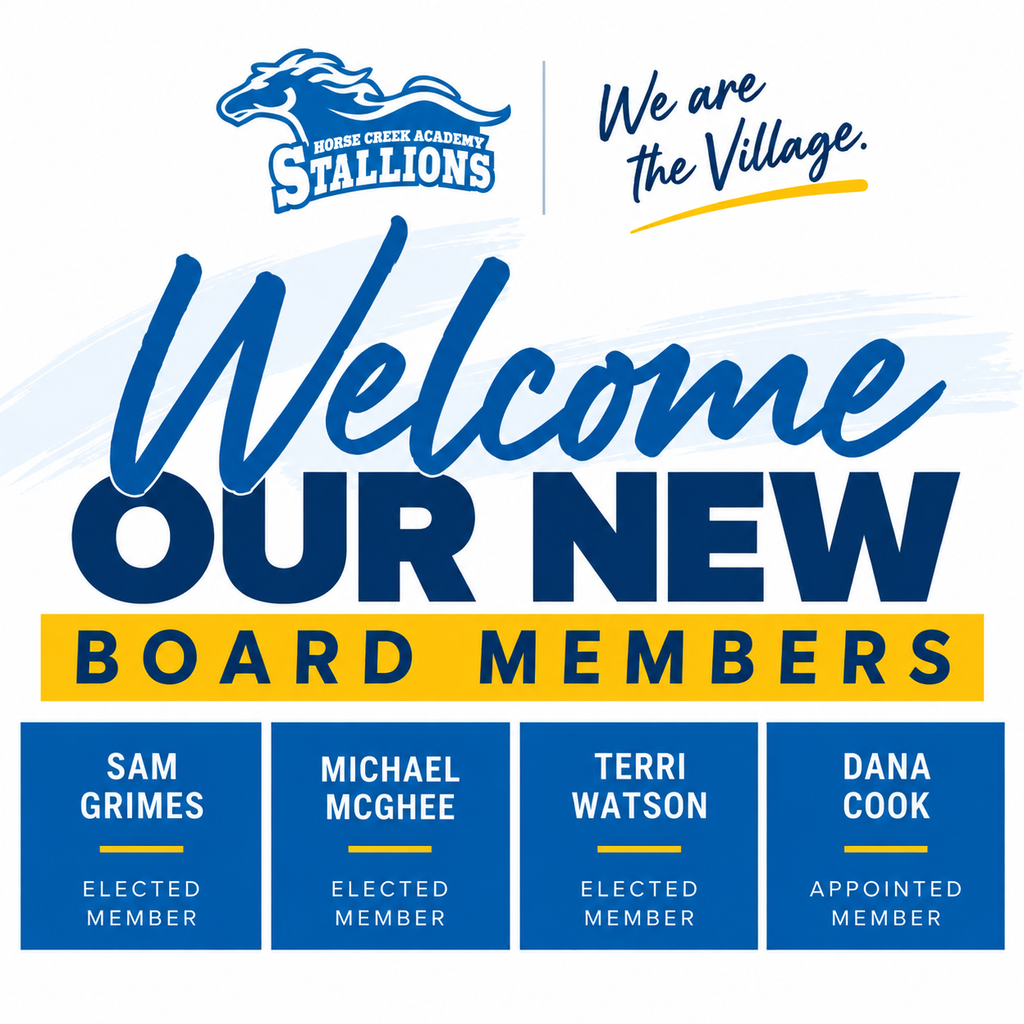 Banner with blue and yellow background introduces new board members with names and roles. Logo of a horse at the top left.
