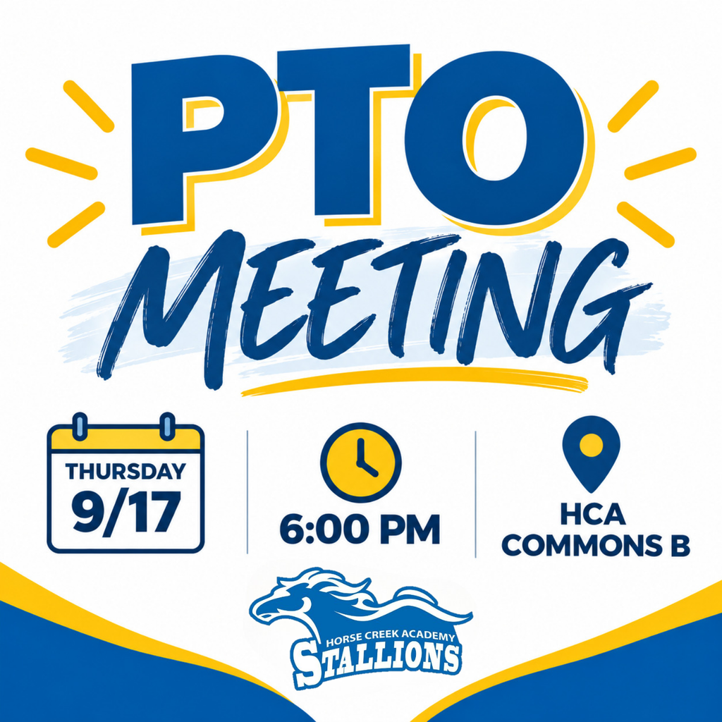 Poster with blue, yellow, and white colors advertising a PTO meeting. It includes a calendar, clock, and map icon.