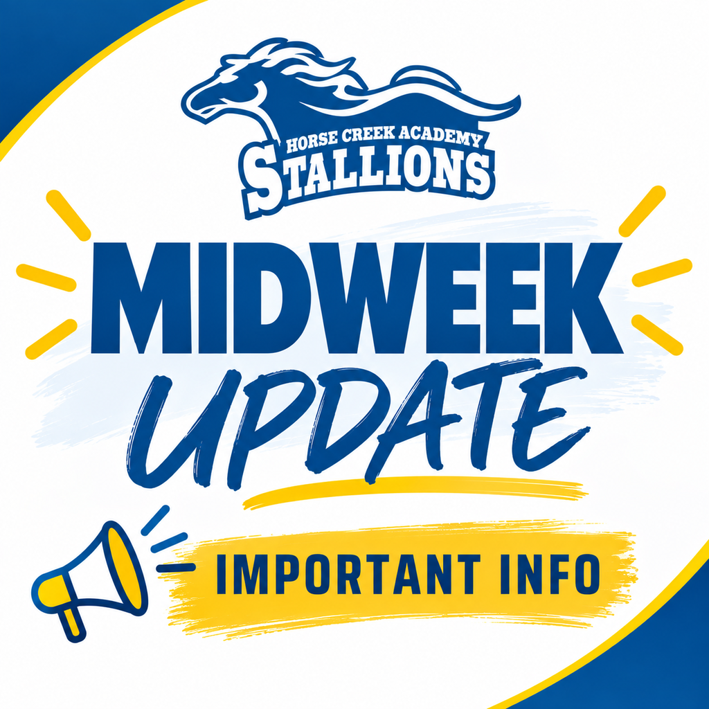 A blue and white graphic with a horse logo, "Midweek Update" text, and "Important Info" below.