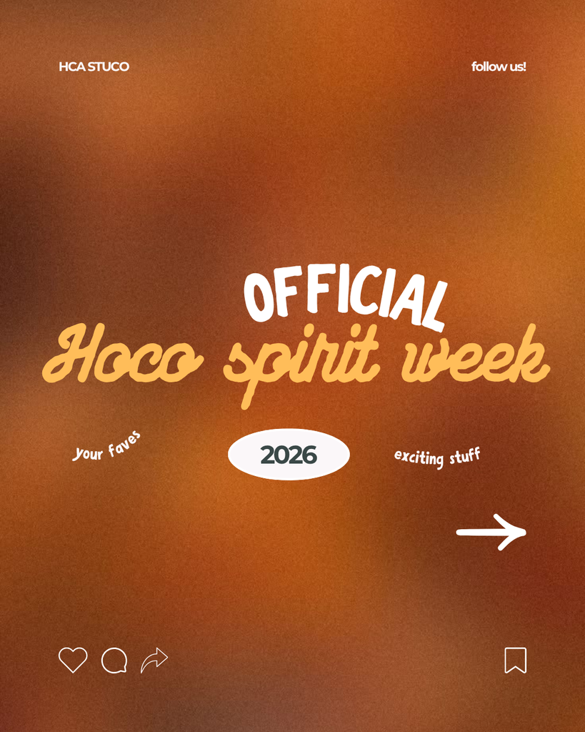 A brown background features a yellow and white overlay with text reading "OFFICIAL Hoco spirit week 2026" and icons for heart, Instagram, and share.