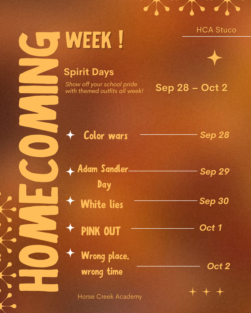 A schedule on an orange background displays "Homecoming Week!" with dates and themed activities from September 28 to October 2.