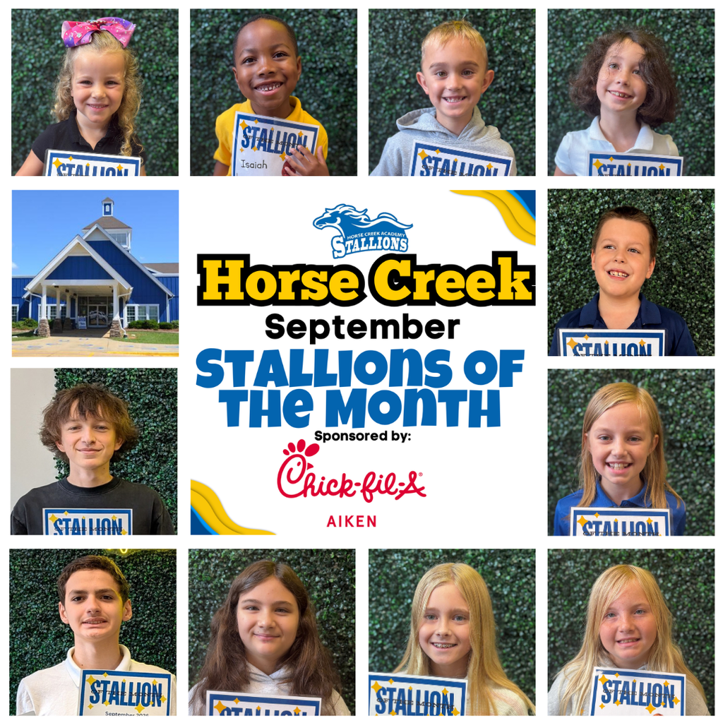 Grid of children in uniform holding signs reading "STALLION OF THE MONTH" with a building backdrop.