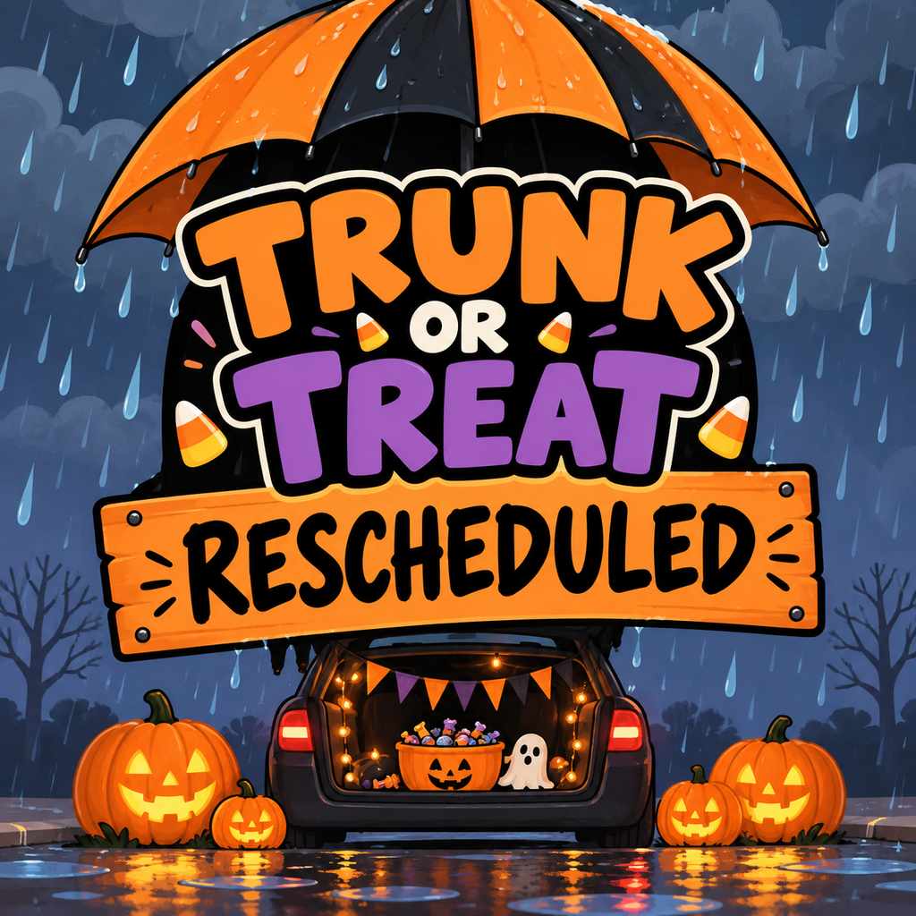 An image with a car, pumpkins, and an umbrella. The car is open, revealing candy. Text reads "TRUNK OR TREAT RESCHEDULED".