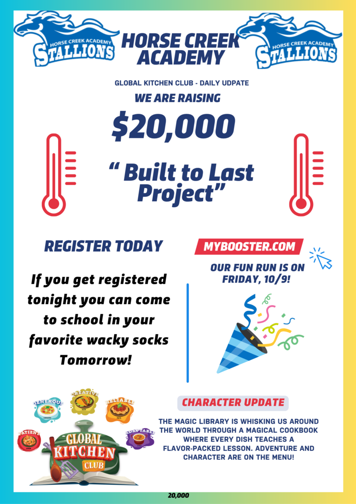 An advertisement poster for Horse Creek Academy with a thermometer. It reads "$20,000 'Built to Last Project'" and "Register Today" at the bottom.