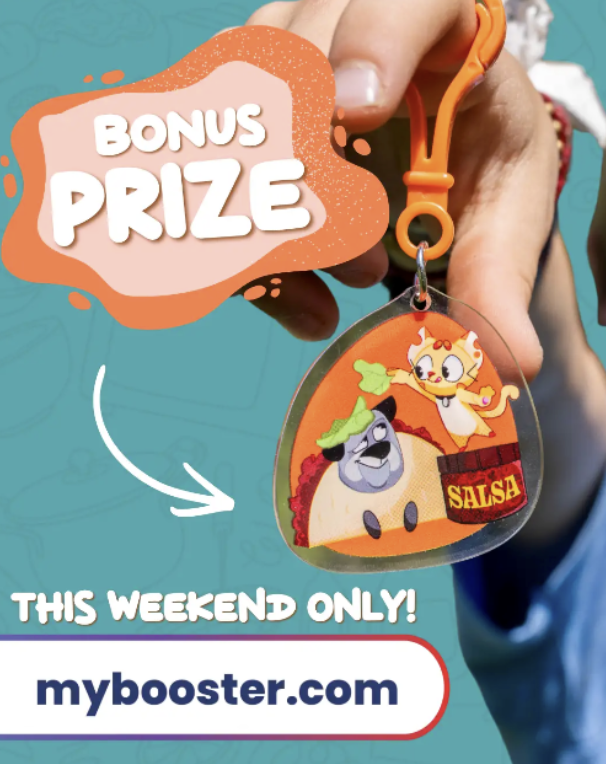 Hand holding a transparent keychain featuring a character and "SALSA" text. Background shows a blue pattern with orange text.