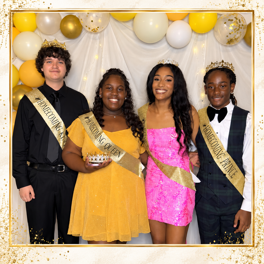 Four young people in crowns and sashes pose behind a backdrop with balloons. One holds a crown.