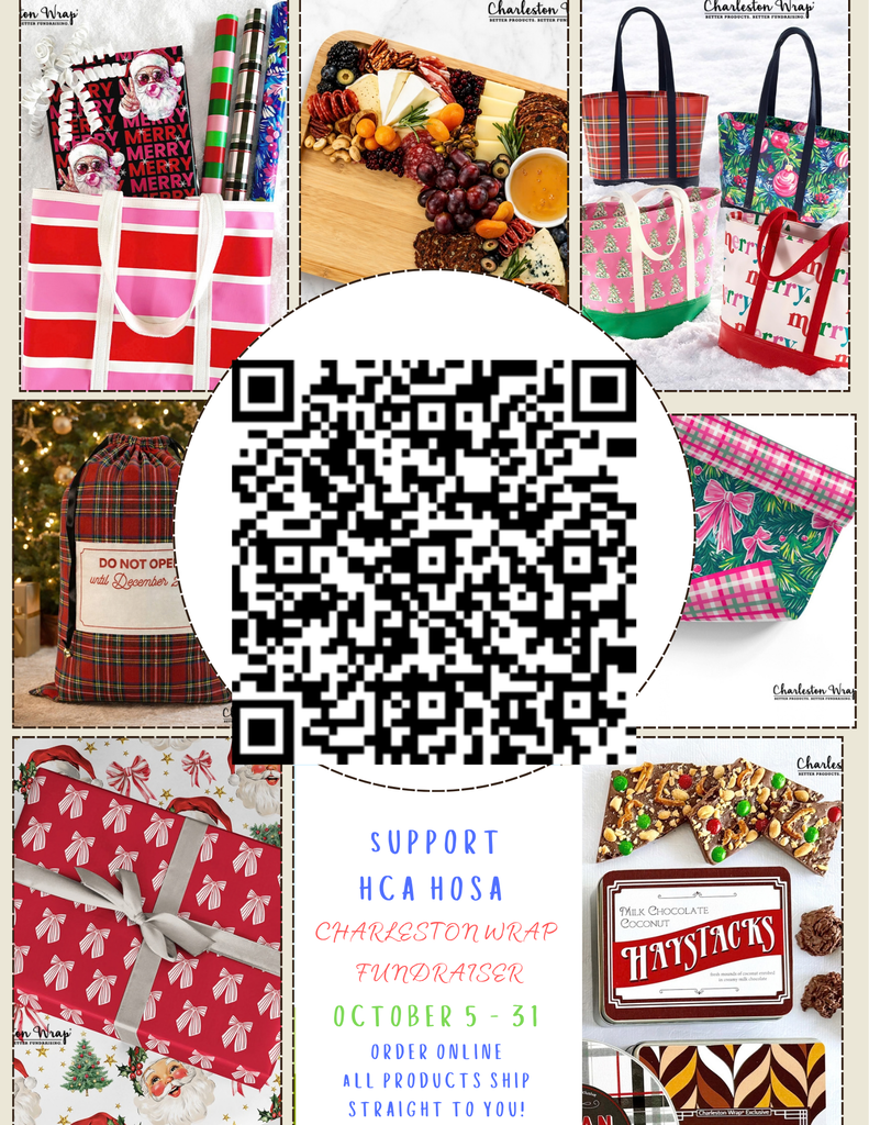 Collage of Christmas-themed bags, gift boxes, and food items with a QR code for ordering. A call to support the Hca Hosa Charleston Wrap Fundraiser.