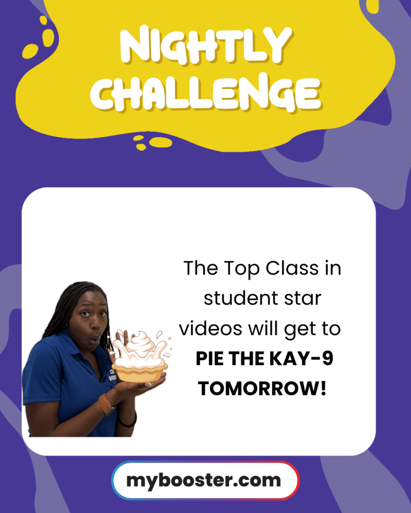 A poster displays "Nightly Challenge" at top with text below. A person holds a cake. A website is listed.