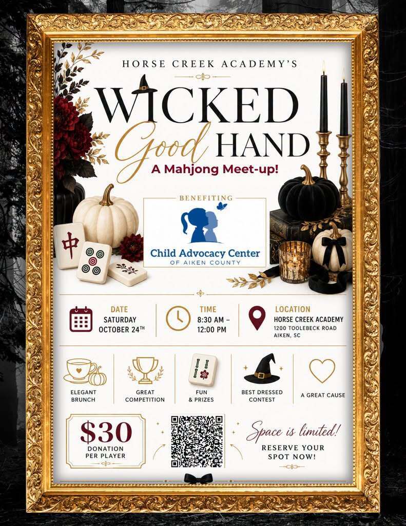 Poster with gold border and black background. It reads "Wicked Good Hand" and includes pumpkins, candles, and a witch hat.