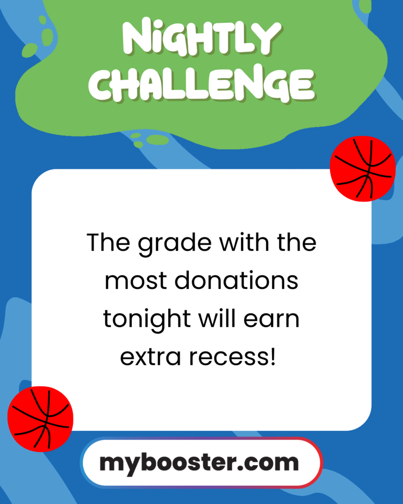 A poster with a blue and green background features a text box. Text reads "Nightly Challenge". It says "The grade with the most donations tonight will earn extra recess!".