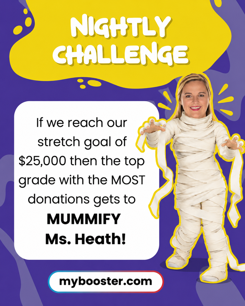 Bright background with text and a smiling woman in a mummy costume. Text reads "Nightly Challenge" and "If we reach our stretch goal..."