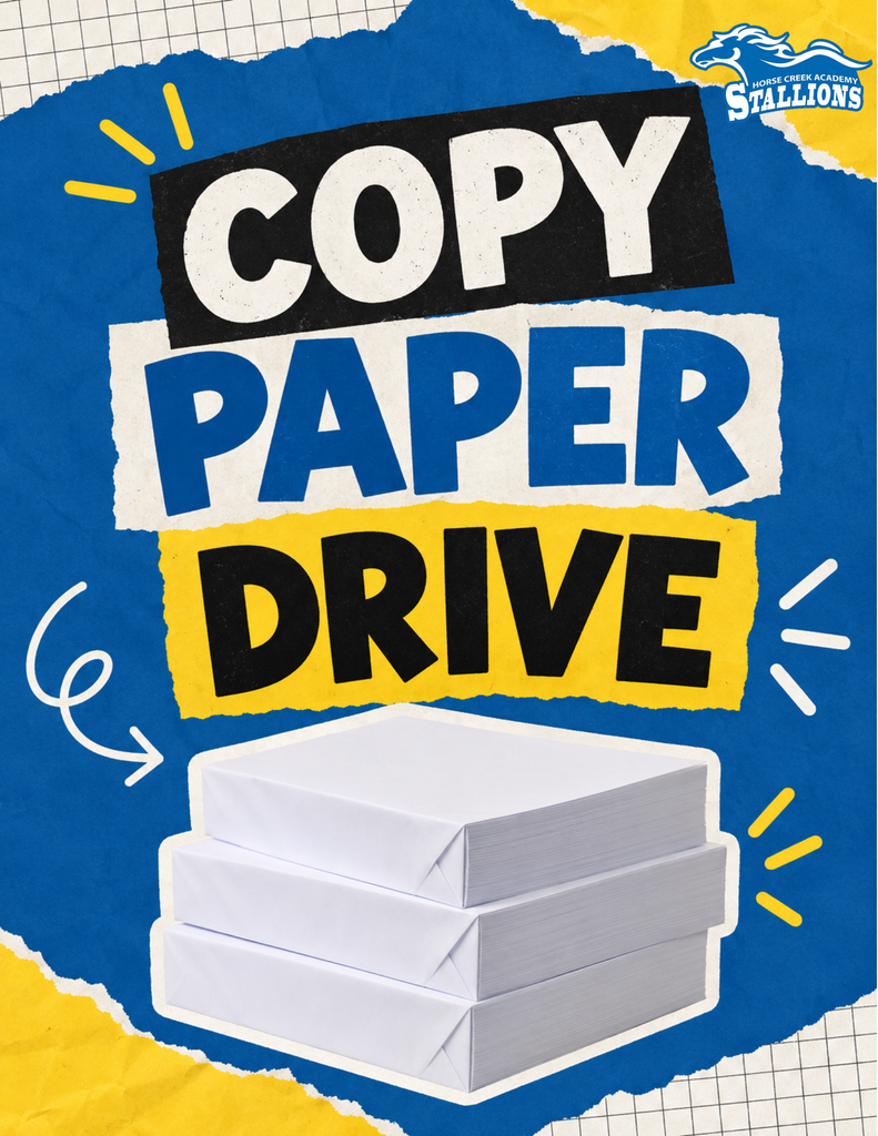 Blue and yellow background with large text reading "Copy Paper Drive" above a stack of white paper.