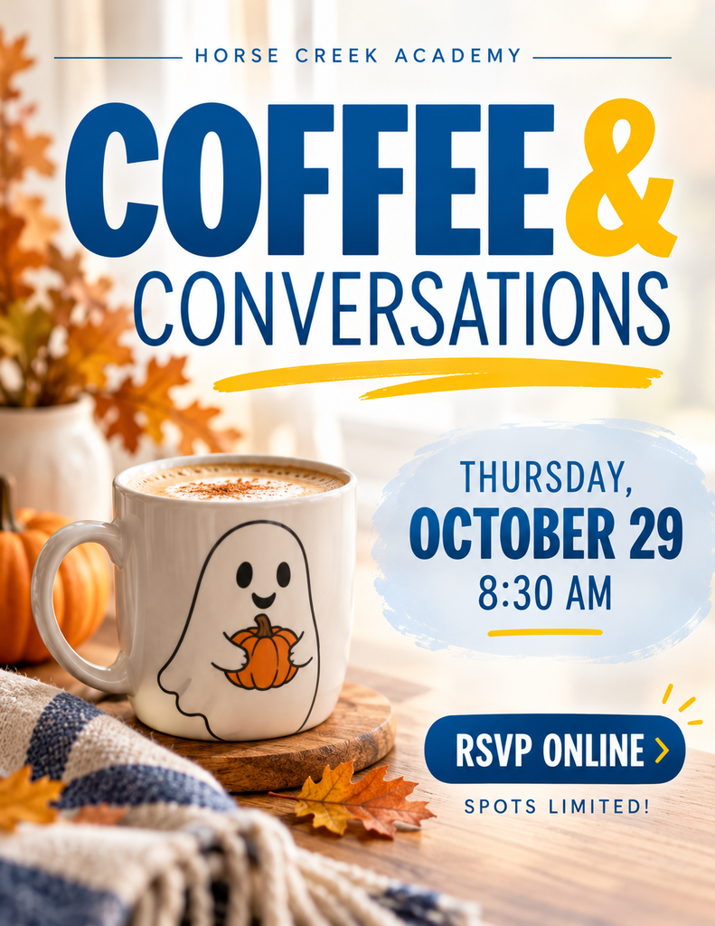 Coffee and conversations event flyer. Mug with ghost and pumpkin. RSVP button. Limited spots.