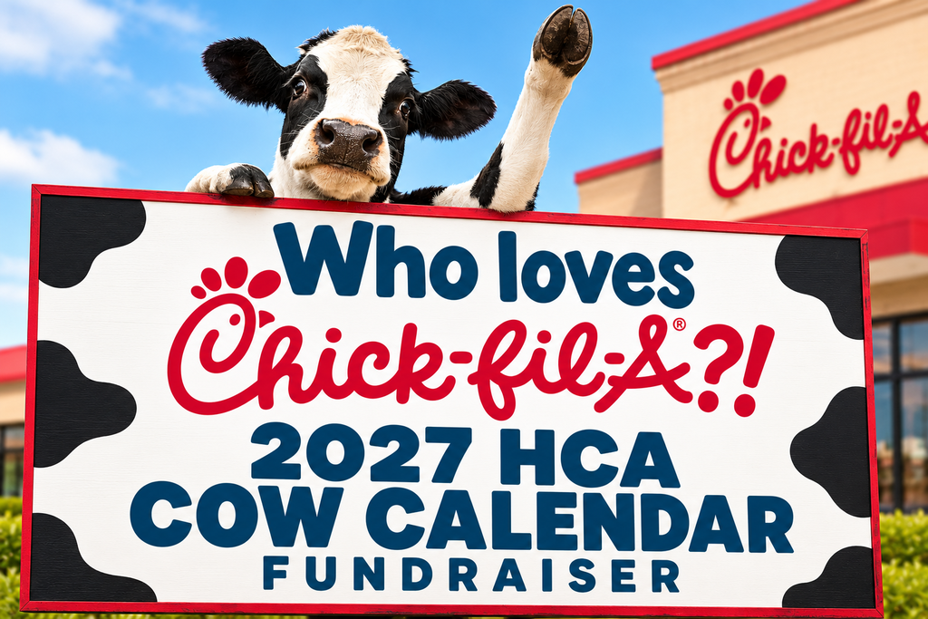 Cow with legs up holding sign that reads, "Who loves Chick-fil-A? 2027 HCA Cow Calendar Fundraiser."